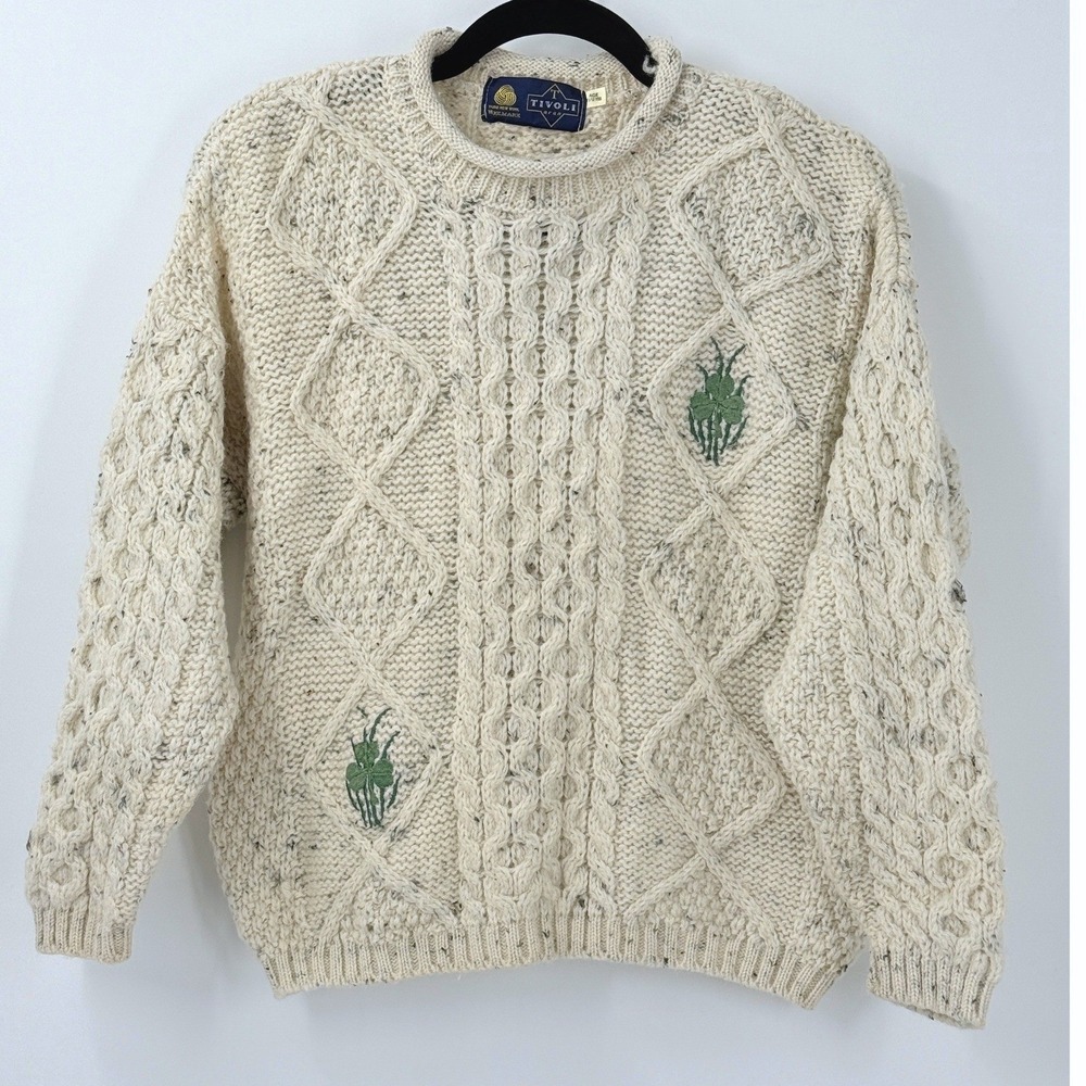 Vtg Aran Cable Knit Sweater kids sz 11/13 Pure New Wool Shamrock fisherman